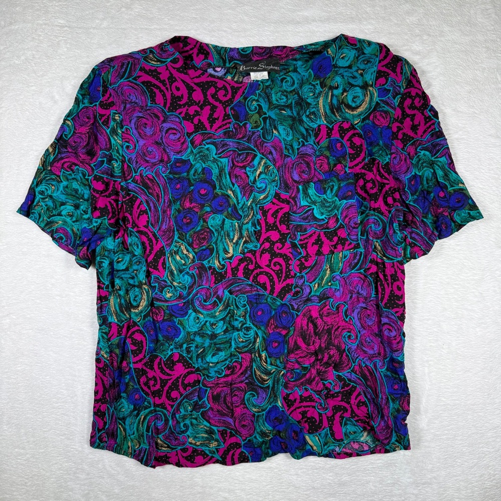Barrie Stephens Vintage‎ 80s 90s Bold Floral Print Short Sleeve Blouse Top Large